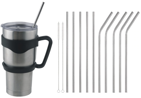 Lucid Inspirations Insulated 30 oz Vacuum Stainless Steel Tumbler with Handle & 9 Metal Ultra Long 10.5 inch Drinking Straws and 2 Brushes